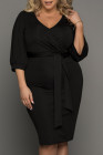 Black Plus Size Puff Sleeve Wrap V Neck Midi Dress