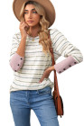 Waffle Knit Colorblock Buttoned Cuff Long Sleeve Blouse