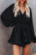 Black Pleated Ruffled Tie Waist Buttons V Neck Romper