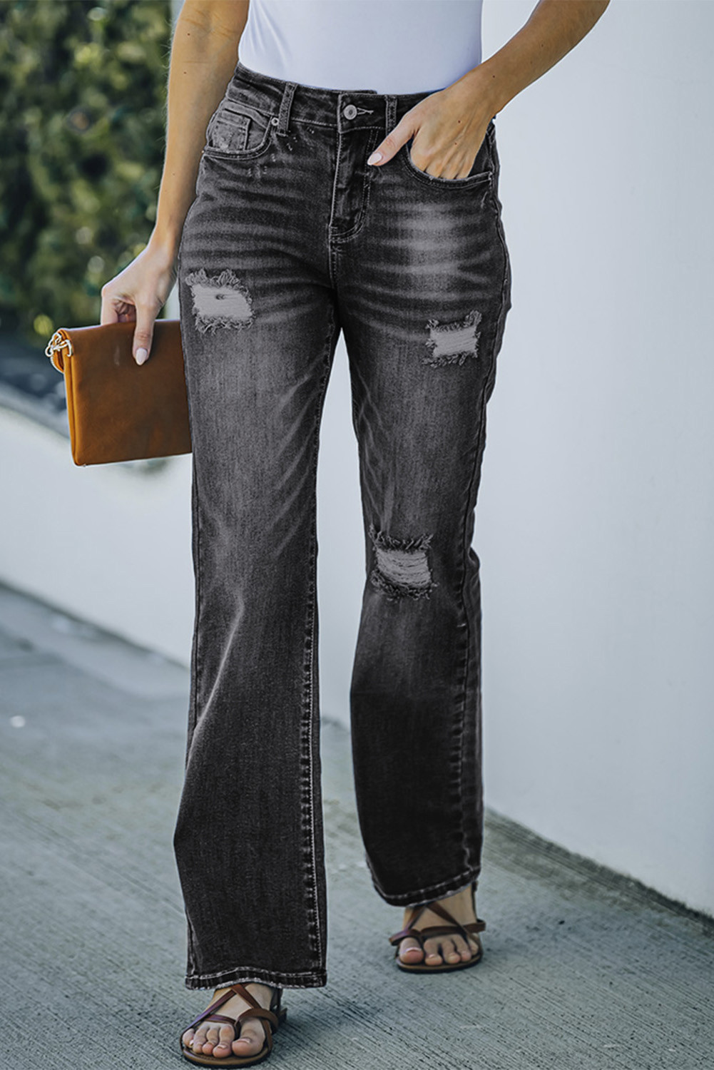 Black High Rise Washed Distressed Flare Jeans