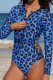 Blauer Badeanzug mit Reißverschluss und Leopardenmuster