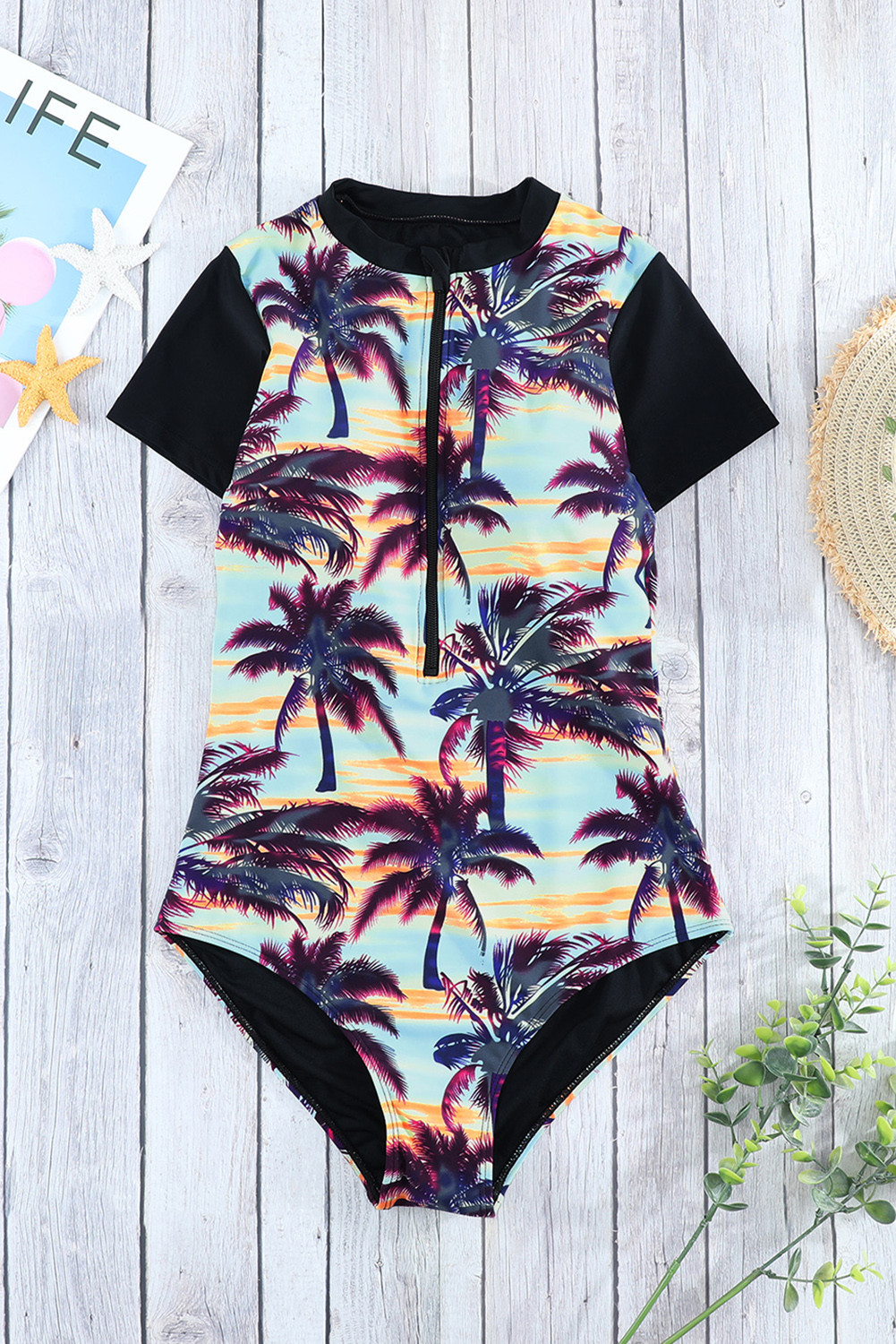 DearLover Beach Sunset Zip Front Half Sleeve One Piece Swimsuit
