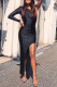 Black One-shoulder Split Long Sequin Dress