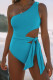 Sky Blue One Shoulder Cut out One-piece Swimsuit