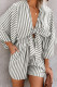 Gray ¾ Wide Kimono Sleeves Tie Front Striped Romper with Pockets
