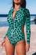 Grüner Rash Guard-Badeanzug mit Leopardenmuster und Cut-out-Ausschnitt