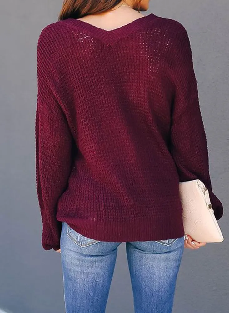 US$ 28.99 - Elegant Long Sleeve V Neck Red Sweater - www.urbandstyle.com