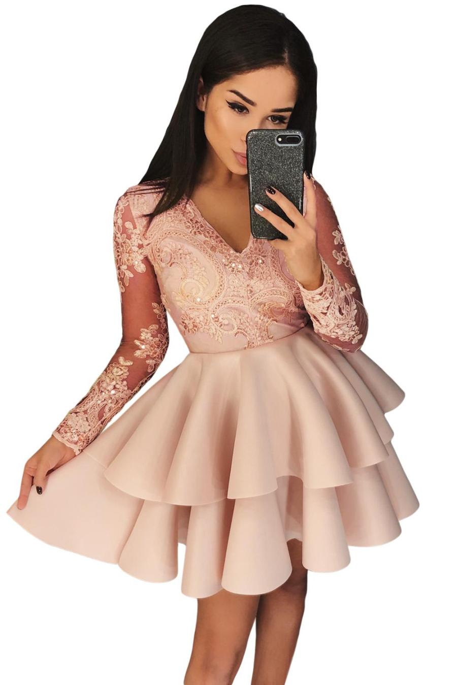 US 20.97 Apricot Sequin Embroidered Multilayer Skater Dress www
