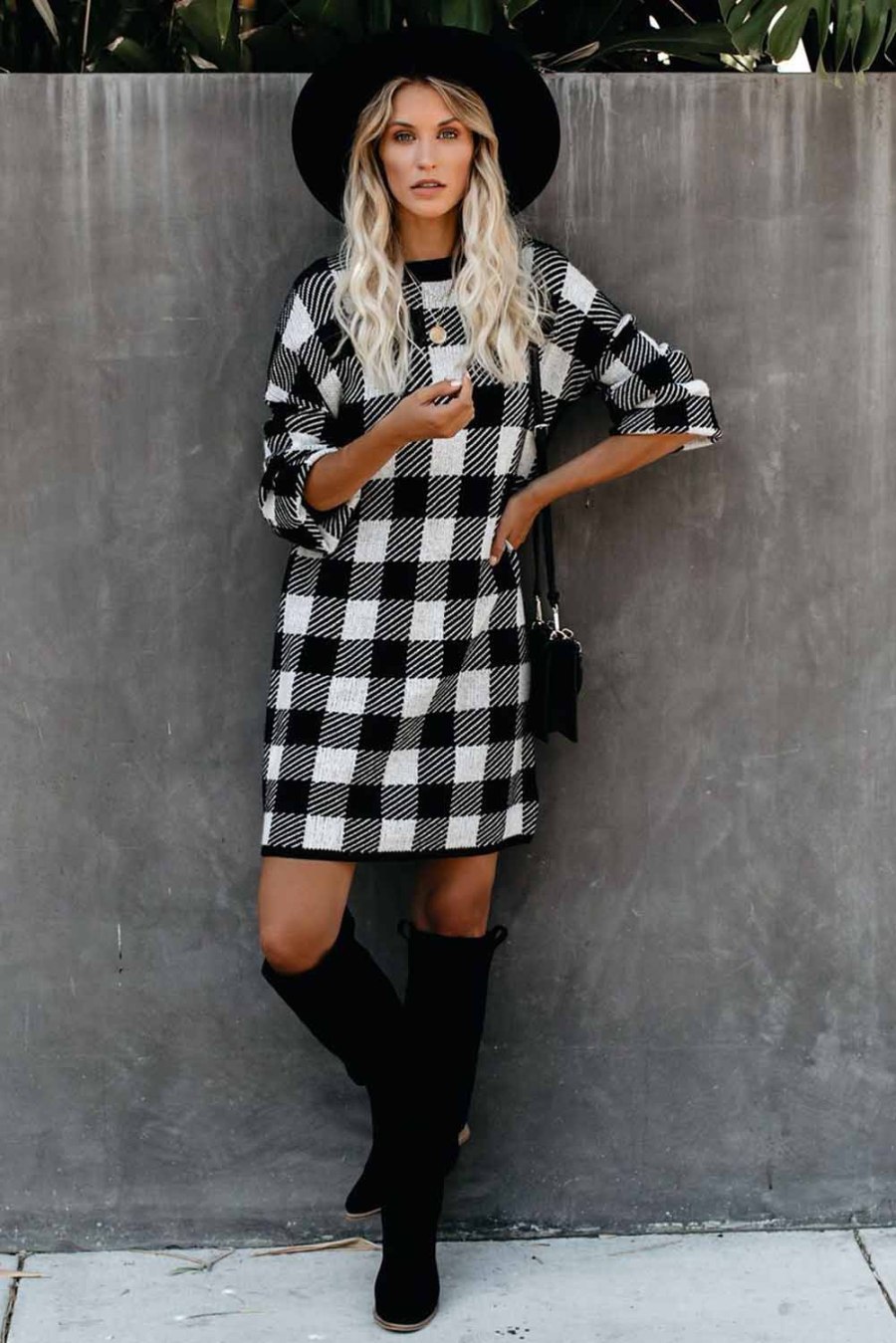 mock neck gingham sweater dress