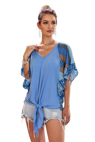 Asvivid Womens Boho Floral Printed V Neck Bell Short Sleeve Summer Shirt Loose Tops and Blouses
