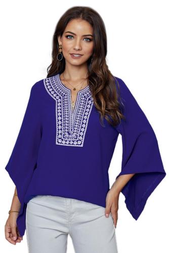 Asvivid Womens Boho Embroidered V Neck Short Sleeve Summer Shirt Blouses Tops S-2XL