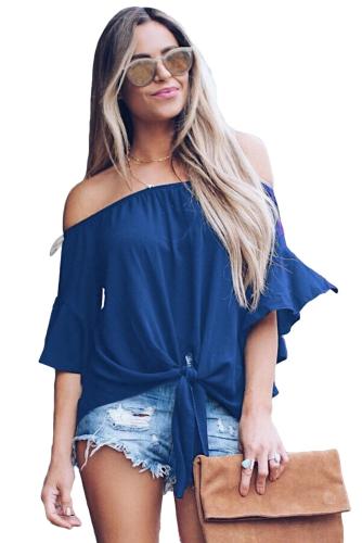 Asvivid Womens Solid Off the Shoulder Tops 3 4 Flare Sleeve Tie Knot Blouses and Tops