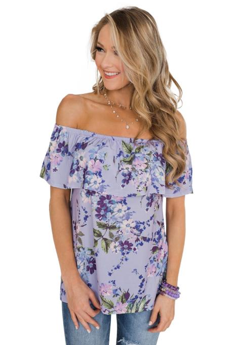 Asvivid Womens Casual Floral Printed Off the Shoulder Tops Ruffle Short Sleeve Loose T-Shirt Blouses