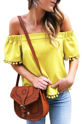 Asvivid Womens Off the Shoulder Short Sleeve Tops Pop Pop Trim Tassel Loose Summer Shirt Blouses 