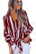 Asvivid Womens Fall Striped V Neck Tops 3/4 Flare Sleeve Tie Knot Loose Blouses and Tops