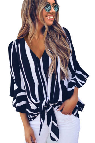 Asvivid Womens Fall Striped V Neck Tops 3/4 Flare Sleeve Tie Knot Loose Blouses and Tops