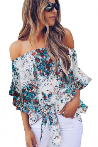 Asvivid Womens Floral Off the Shoulder Tops 3 4 Flare Sleeve Tie Knot Blouses and Tops