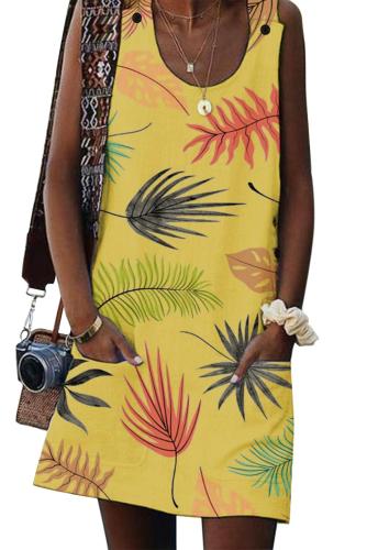 Asvivid Womens Summer Leaves Printed Button Sleeveless Crewneck Casual Mini Dress with Pocket