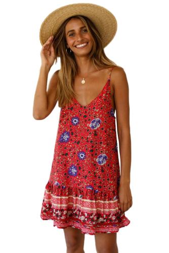 Asvivid Womens Casual Floral Printed V Neck Spaghettic Strap Ruffle Summer Loose Beach Short Mini Dress