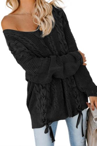 Asvivid Womens V Neck Pullover Sweaters Oversized Lace Up Long Sleeve Cable Knit Winter Jumper Tops