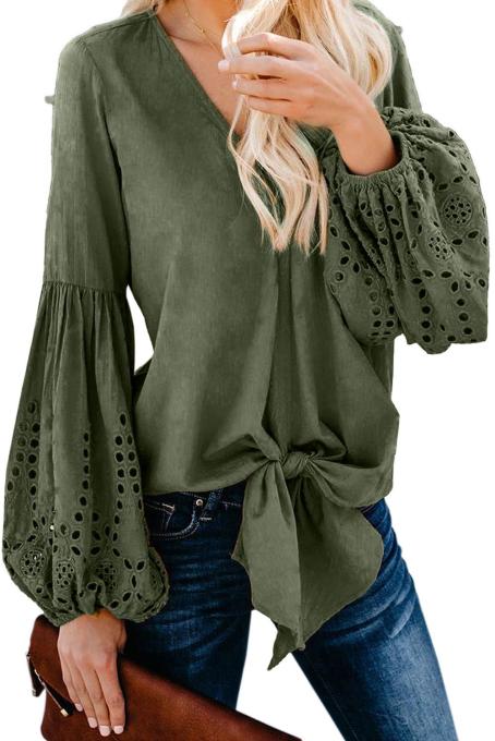 Asvivid Womens Casual V Neck Balloon Long Sleeve Tops Hollow Out Tie Knot Loose Shirt and Blouses 