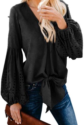 Asvivid Womens Casual V Neck Balloon Long Sleeve Tops Hollow Out Tie Knot Loose Shirt and Blouses 