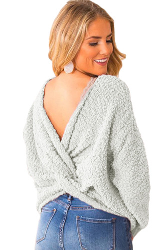 Asvivid Women's Fuzzy Criss Cross V Neck Twist Knitted Sweater Backless Loose Jumper Sweaters 