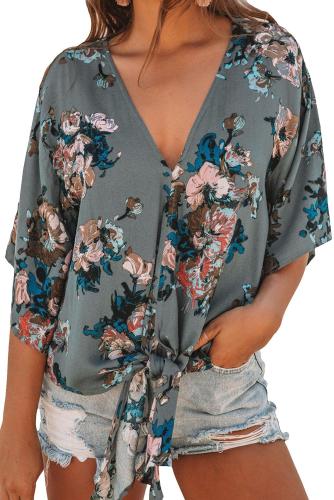 Asvivid Womens Floral Printed V Neck Tops Bell Sleeve Tie Knot Chiffon Shirt and Blouses