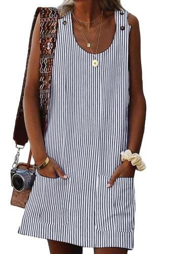 Asvivid Womens Summer Striped Sundress Button Crew Neck Sleeveless Casual Mini Dress with Pocket
