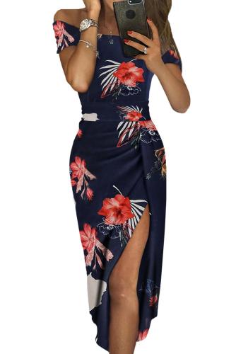 Asvivid Womens Floral Printed Off the Shoulder Short Sleeve Ruched Bodycon Slit Party Dress