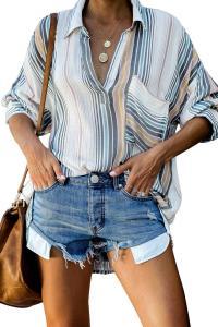 Asvivid Womens Casual Colorful Striped Shirt Lapel V Neck Roll Long Sleeve Pocket Loose Flowy Chiffon Blouses Tops