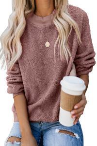 Asvivid Womens Fuzzy Fleece Crewneck Pullover Sweatshirt Solid Long Sleeve Cozy Fluffy Warm Outerwear Tops