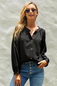Asvivid Womens Casual Henley V Neck Shirt Button Down Ballon Sleeve Chiffon Blouses Pleated High Low Peasant Tops