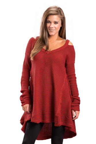 Red V Neck Waffle Knit Sweater