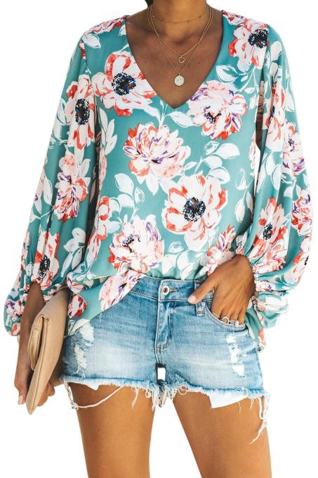 Multicolor Boho Print Balloon Sleeve Blouse