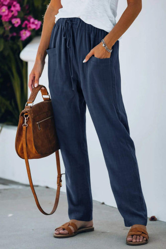 Blue Casual Drawstring Elastic Waist Pants with Pockets