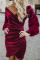 Red Puff Sleeve Off Shoulder Wrap Bodycon Velvet Dress