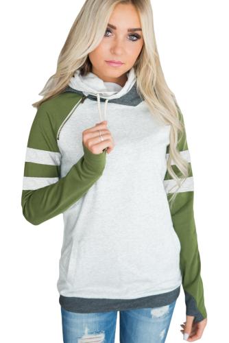 Olive Varsity Striped Sleeves Double Hooded Sweatshirt
