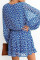 Blue V Neck Lantern Sleeves Floral Tunic Dress