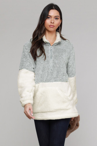 Grey White Zip Neck Oversize Fluffy Fleece Pullover