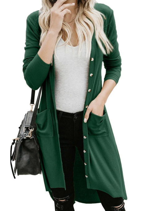Green Selected Button Down Pocketed High Low Cardigan