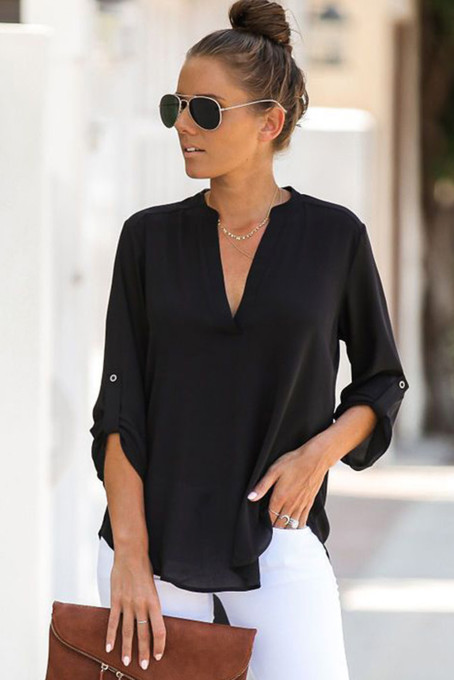 Black Split Collar Roll Up Sleeve Blouse