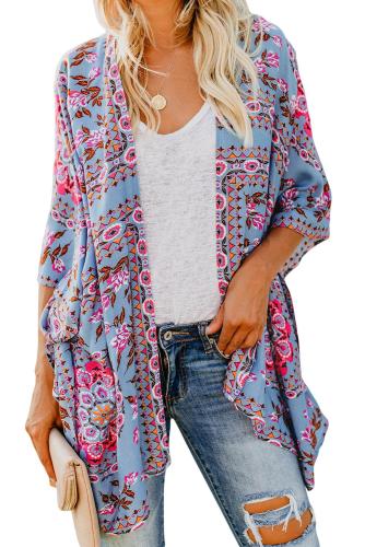 Sky Blue Floral Kimono Cardigan Open Front Cover Up