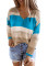 Sky Blue V Neck Colorblock Knitted Sweater with Hollow-out
