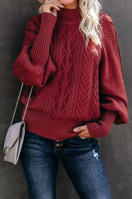 Red Housewarming Cable Knit Balloon Sleeve Sweater