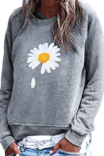 Gray Flower Print Pullover Sweatshirt