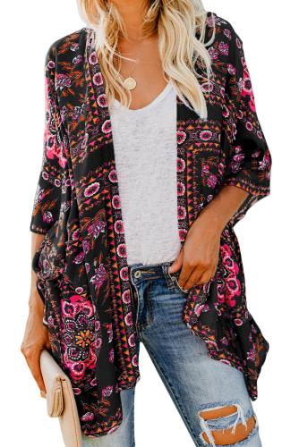 Black Floral Kimono Cardigan Open Front Cover Up