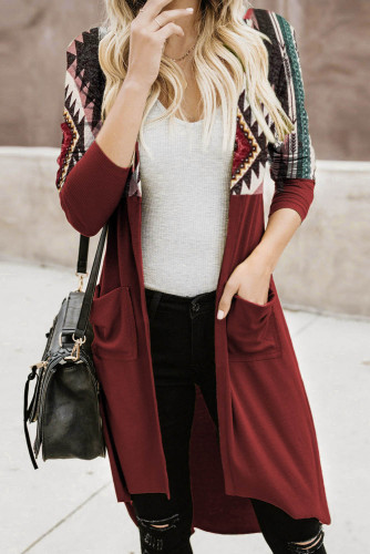 Red Tribal Printed Open Front Long Cardigan