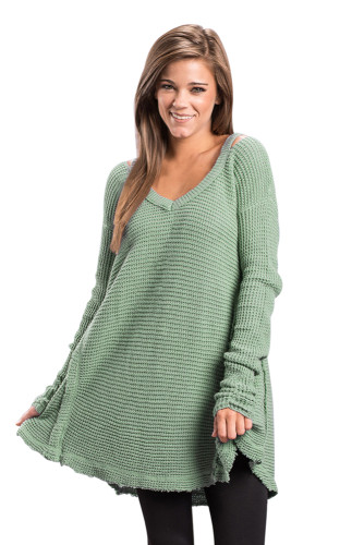 Green V Neck Waffle Knit Sweater