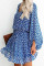 Blue V Neck Lantern Sleeves Floral Tunic Dress
